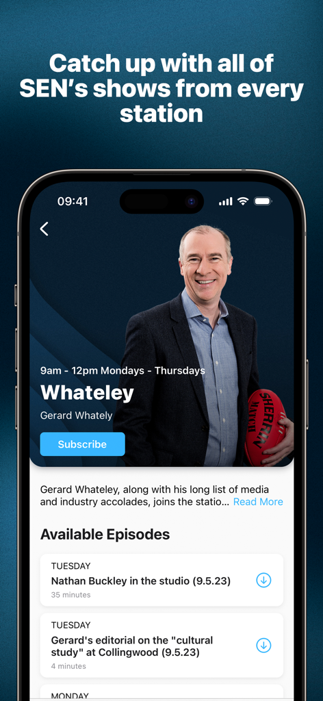 SEN Radio - Screen from the SEN Radio app showing catch up episodes for the Whateley sports show with Gerard Whateley