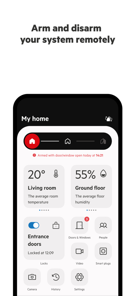 Sector Alarm app interface showing remote home security controls and status