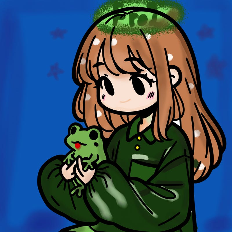 girl with long hair and a oversized shirt. and she is holding a frog