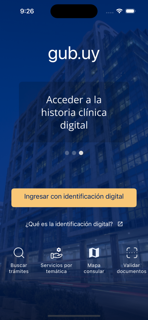 gub.uy - Official gub.uy mobile app home screen showing digital identity login and government service options