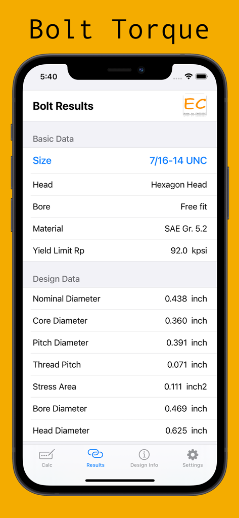 Bolt Torque - Technical results screen in the Bolt Torque app showing engineering data for an imperial bolt.