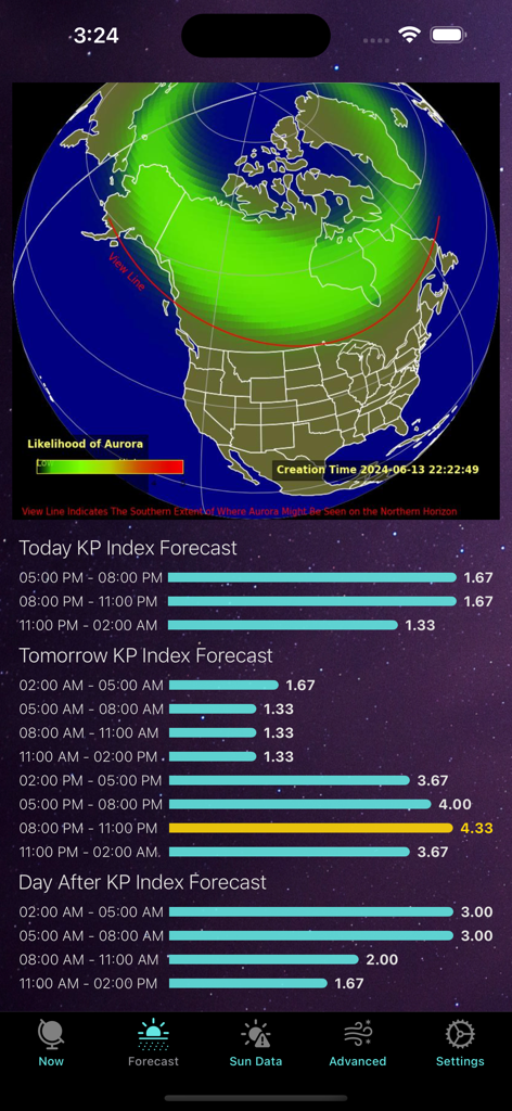 Aurora Forecast - 오로라 예보 앱 인터페이스에 오로라 확률 지도 및 KP 지수 데이터 표시