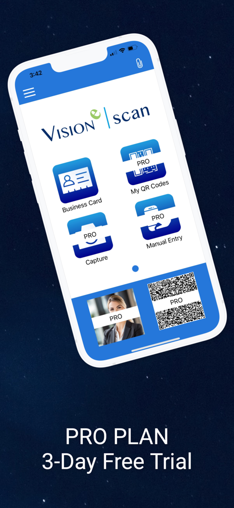 Main menu of Visione Scan app displaying business card scanner and digital QR code features with a pro plan free trial banner