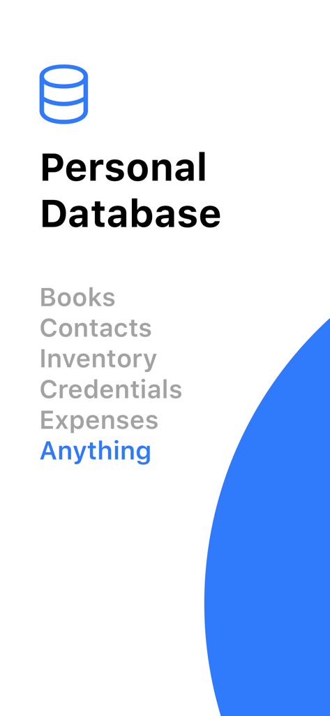 Collections Database - Collections Database app screen showing organization categories for books contacts inventory and expenses