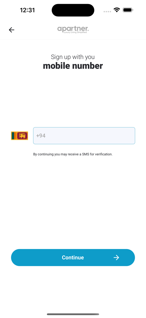 Mobile number sign up screen for the Apartner luxury living app showing a phone number input field and a continue button