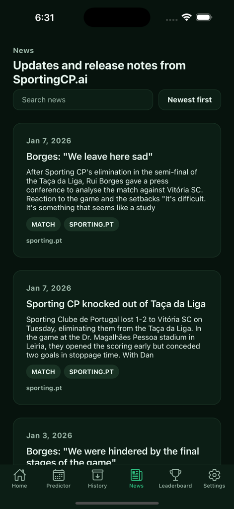 SportingCP.ai - Seção de notícias do aplicativo SportingCP.ai exibindo atualizações de jogos e notícias do clube para fãs do Sporting CP.