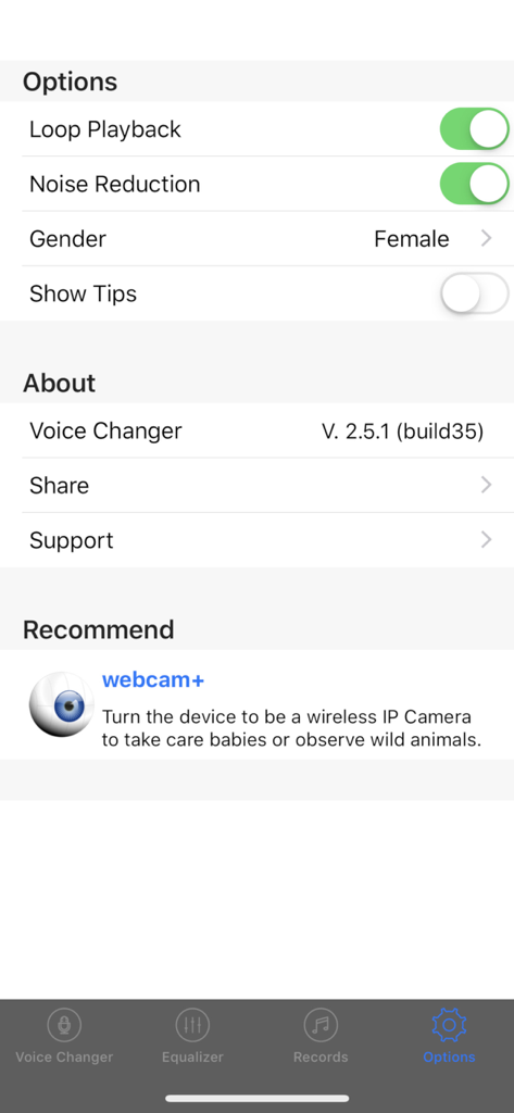 Live Voice Changer - Prankcall - Options menu of the Live Voice Changer app showing voice settings and gender selection