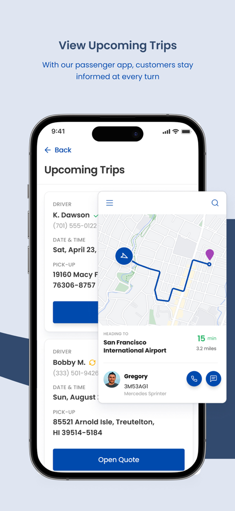 Ohare Airport Taxi - Mobile app screen showing upcoming trips and live map tracking for airport taxi services