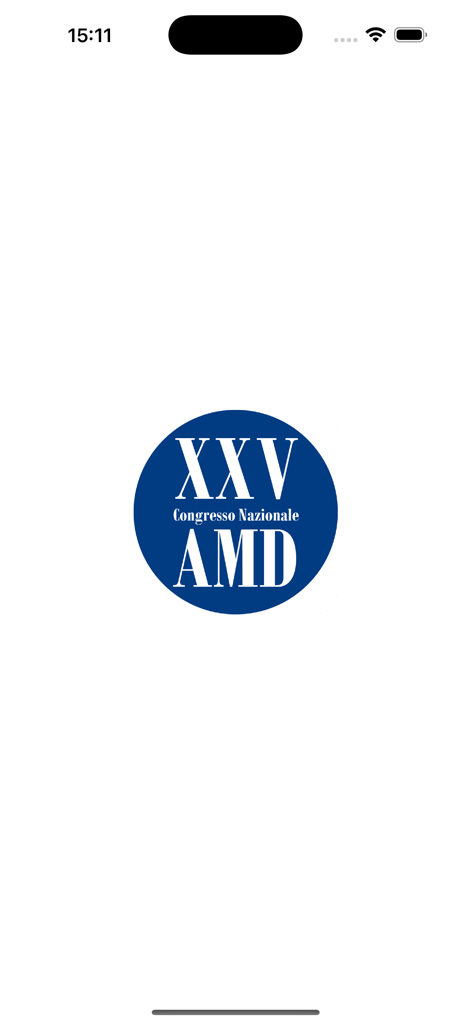 AMD 2025 - The splash screen of the AMD 2025 app featuring the blue circular logo for the XXV Congresso Nazionale AMD.