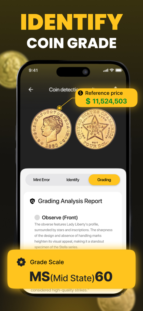 CoinSpot - Coin Value Scanner - Pantalla de un smartphone que muestra un informe de calificación de monedas y un alto valor de mercado para una moneda de oro rara.