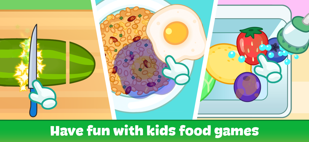 Kids Cooking Games: Yummy Food - Gameplay montage showing children slicing vegetables, plating a meal, and washing fresh fruit
