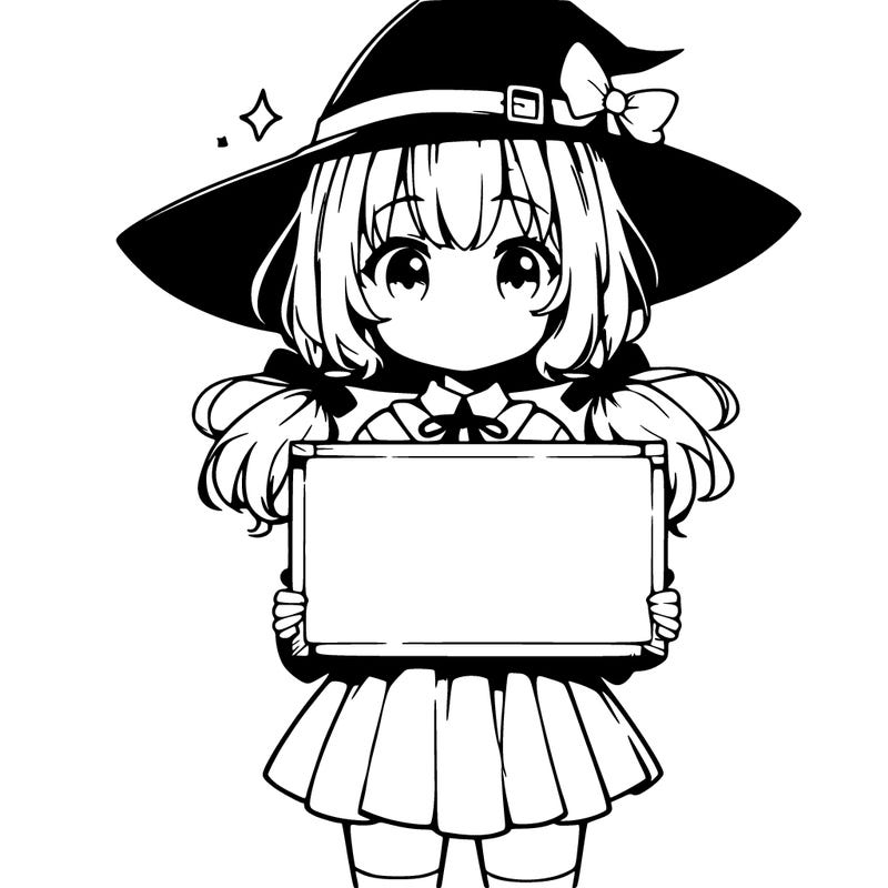 a cute anime witch girl holding a blank sign