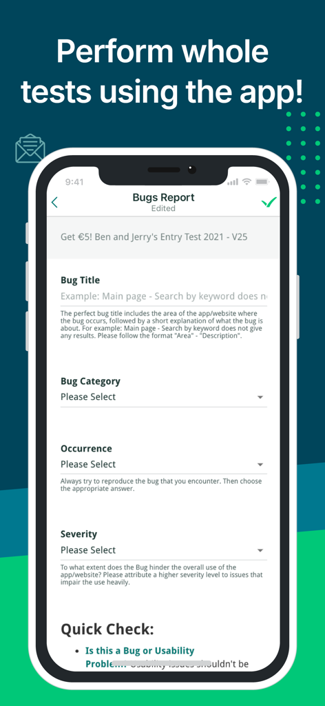 Testbirds Companion - Interfaz de informe de errores en la app Testbirds Companion.