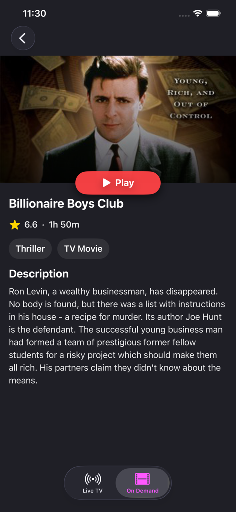 Airy TV & Live Movie Streaming - A screenshot of the Airy TV app showing details and a play button for the movie Billionaire Boys Club