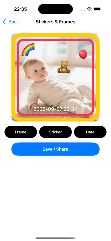Ai Baby Generator& Future Baby - Interface of BabyForge app showing options to add stickers and frames to an AI generated baby photo