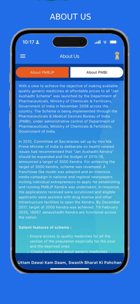 Jan Aushadhi Sugam (PMBI) - Jan Aushadhi Sugam app About Us page explaining the generic medicine scheme and PMBJP details