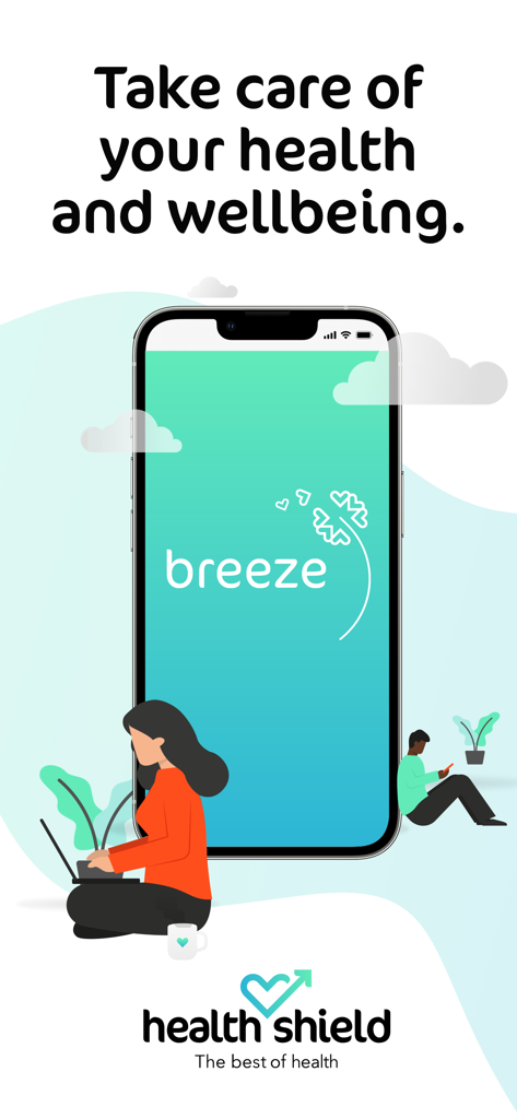 Breeze: Health & Wellbeing - Breeze app intro screen showing individuals using digital devices for their health and wellbeing