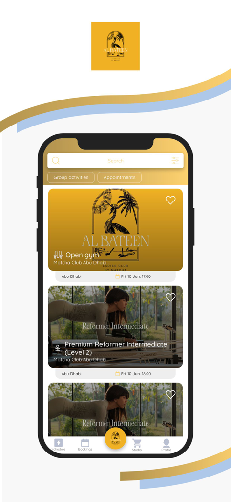 Matcha Club Albateen - Interface of the Matcha Club Albateen app showing reformer pilates and open gym booking options
