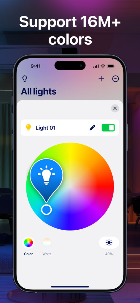 Interface of the Led Light Controller app featuring a vibrant color wheel and brightness controls for smart LED bulbs.