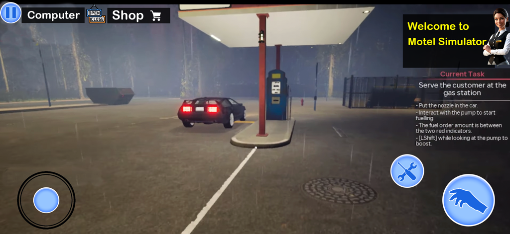 Motel Manager Supermarket Game - Gameplay of a car being served at a gas station pump in Motel Manager Supermarket Game