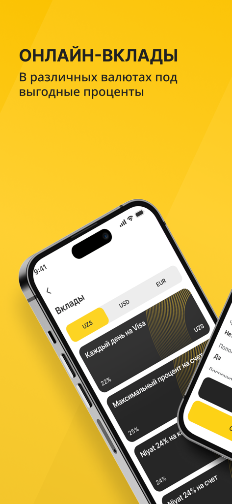 A mobile interface for Kapitalbank Online showing various deposit options in multiple currencies like UZS and USD with competitive interest rates.