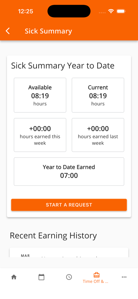 Workforce Tools app screen showing a sick leave summary with available hours and a button to start a new request.