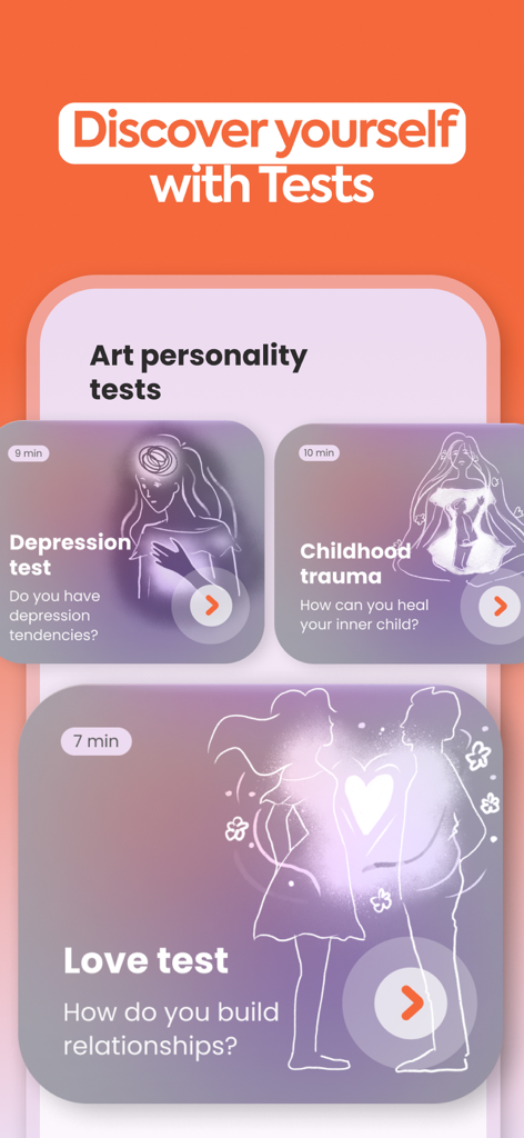 Antistress LINA - Art Therapy - Una pantalla que muestra varias pruebas de personalidad artística en la aplicación Antistress LINA, incluidas pruebas sobre depresión, trauma infantil y amor.