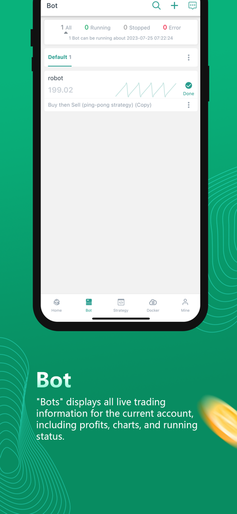 FMZ Quant - FMZ Quant mobile app interface displaying the Bot management section with live trading strategy status and performance charts