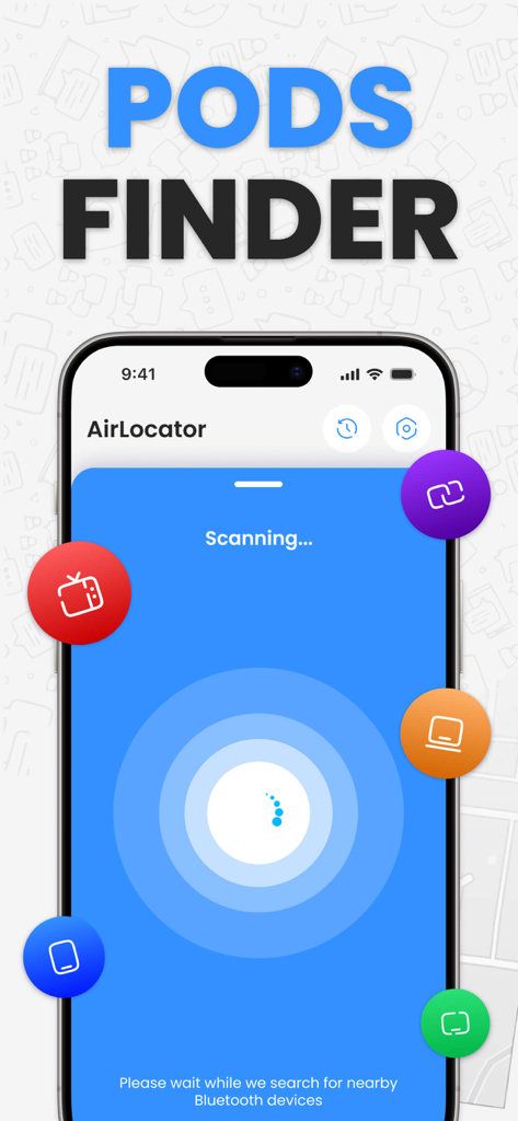 Find My Pods & Lost Device - レーダーアニメーションとデバイスアイコンで近くのBluetoothデバイスをスキャンしているPods Finderアプリのインターフェース