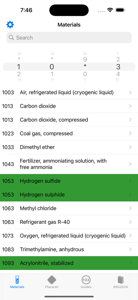 Cargo Decoder Plus - Cargo Decoder Plus app materials screen featuring a four digit number picker and a list of hazardous substances with their DOT placard numbers