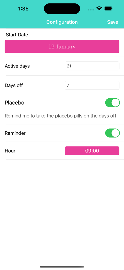 Birth Control Pill Reminder + - Configuration screen to customize birth control pill cycle active days and reminder time