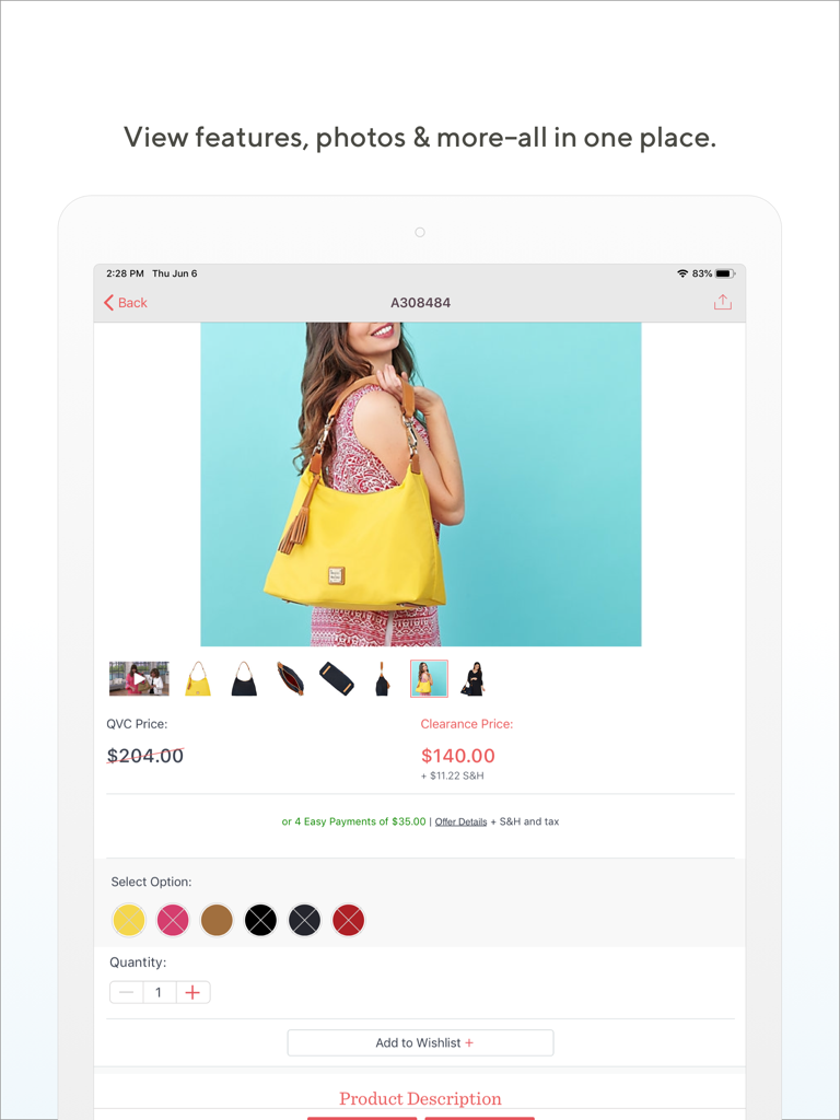 QVC for Tablet (US) - Detailseite für eine Handtasche in der QVC Tablet App mit Preis- und Farbauswahl