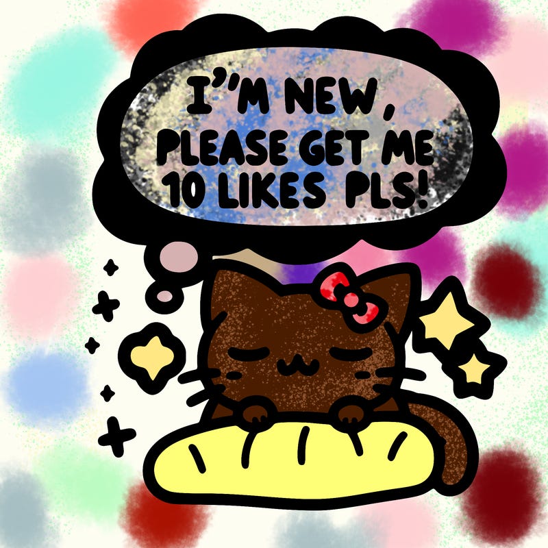 kitty taking a nap dream talking and saying "i'm new, please get me at least 10 likes pls!!"