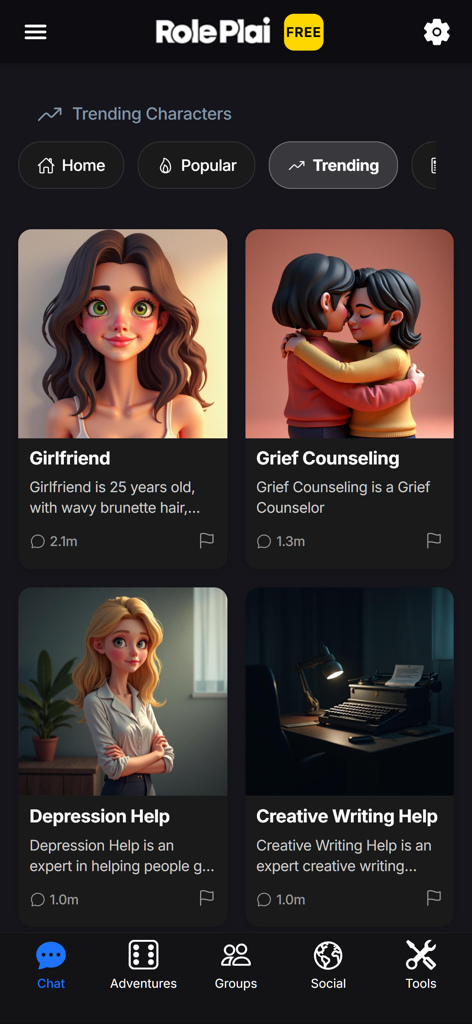 Screenshot of RolePlai app interface showing trending AI characters including a virtual girlfriend and counseling bots