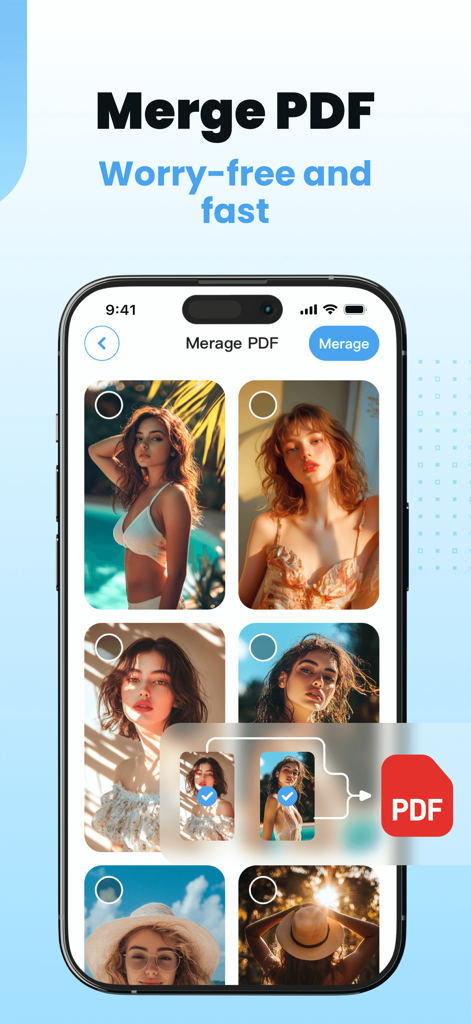 Easy PDF Reader - Scan & View - Oberfläche der Easy PDF Reader App, die die Funktion PDF zusammenführen zeigt, um mehrere Bilder in einem Dokument zu kombinieren