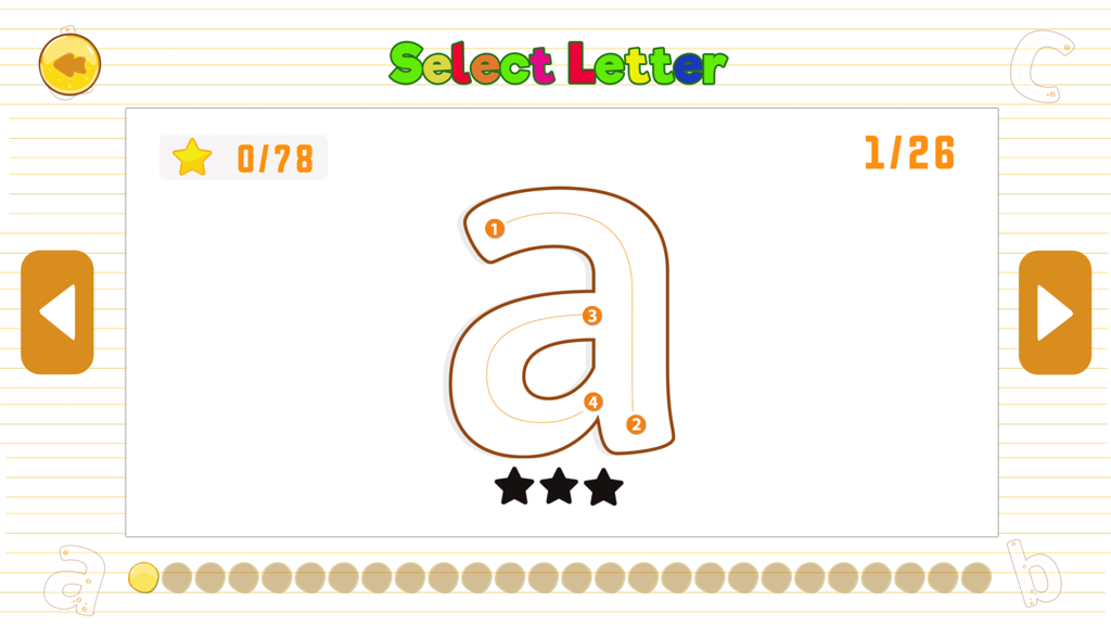 Lowercase letter a tracing screen in the ABC Kids English Tracing app