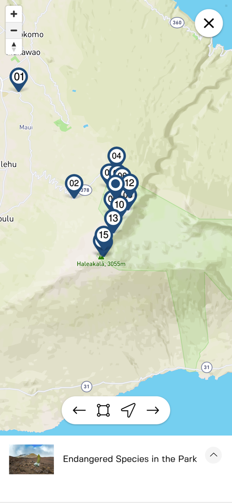 Haleakala National Park Tour - A map interface within the Haleakala National Park Tour app displaying numbered points of interest along the route to the summit.