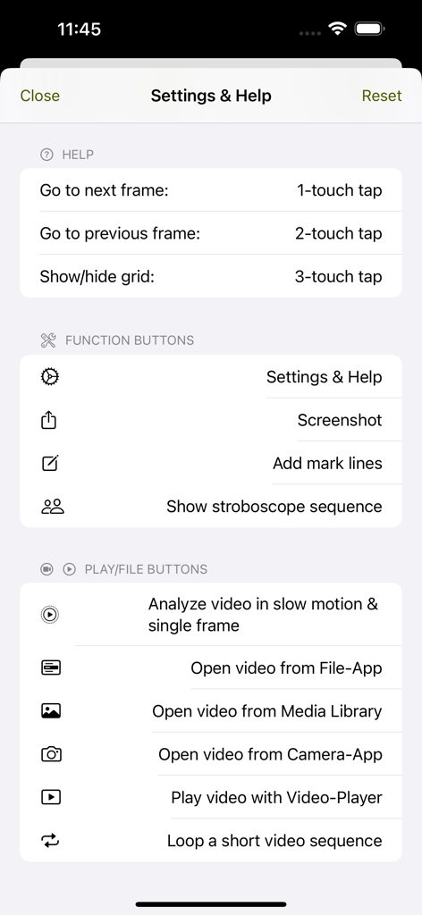 Settings and help interface of the Coach Video Analyzer app showing video control instructions and functions