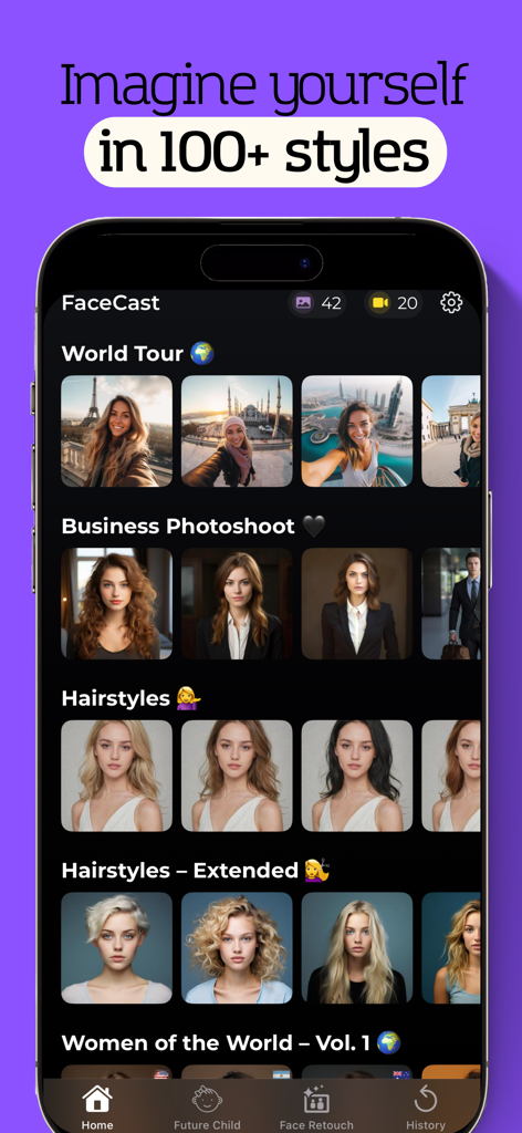 Interface de l'application FaceCast montrant divers styles de photos IA comme une séance photo d'affaires "tour du monde" et des coiffures