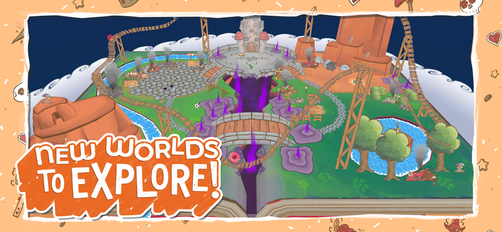 Draw a Stickman: EPIC 3 - A vibrant hub world set inside an open book featuring various game environments and the text New Worlds to Explore.