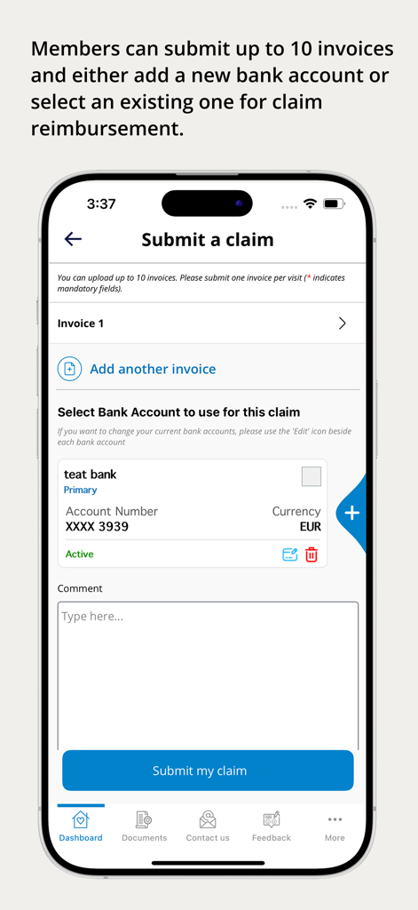 Interface for submitting a medical claim in the Cosmos Insurance app showing invoice upload and bank account selection