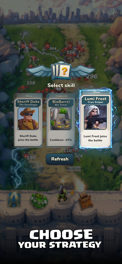 Last Legion: Tower Defense TD - In-game skill selection screen in Last Legion Tower Defense showing hero cards for Sheriff Duke and Lumi Frost alongside a Bio Tower upgrade.