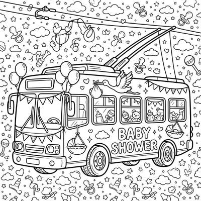 Hop aboard for a heartwarming celebration with this unique trolleybus baby shower coloring page. Adorned with charming baby items and a festive atmosphere, it's a delightful way to welcome a new arrival.