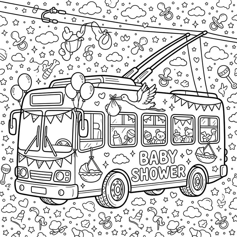 Hop aboard for a heartwarming celebration with this unique trolleybus baby shower coloring page. Adorned with charming baby items and a festive atmosphere, it's a delightful way to welcome a new arrival.