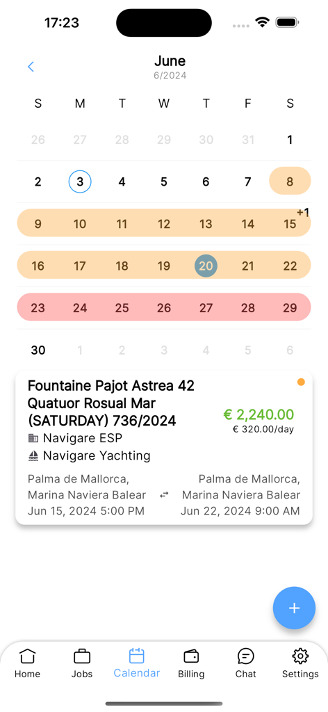S4Y crew app - Interfaccia del calendario dell'app S4Y Crew che mostra una prenotazione di yacht programmata con guadagni e dettagli del lavoro