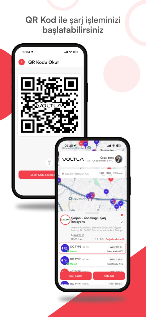 Voltla app screen showing EV charging station map and QR code scanning feature