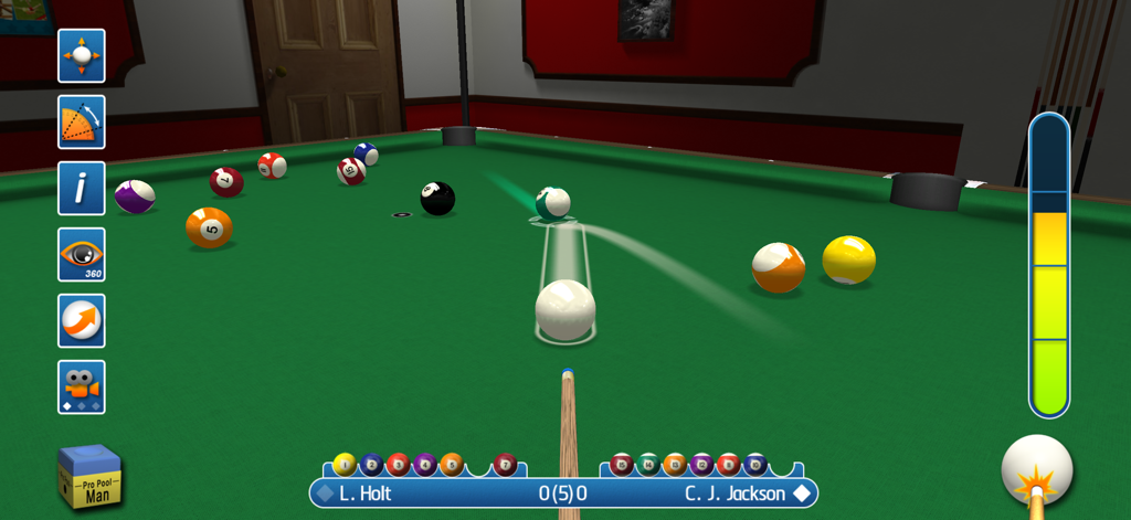 Pro Pool 2026 - A realistic 3D pool game simulation showing cue ball aiming and trajectory on a green billiards table.