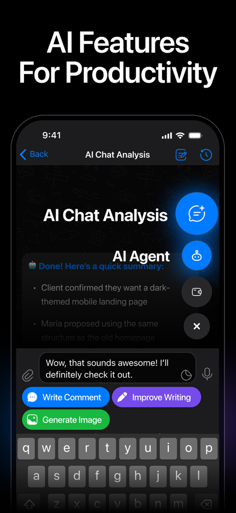 Nicegram: Web3 for Telegram X - Nicegram app interface showing AI chat analysis summary and productivity shortcuts like write comment and improve writing