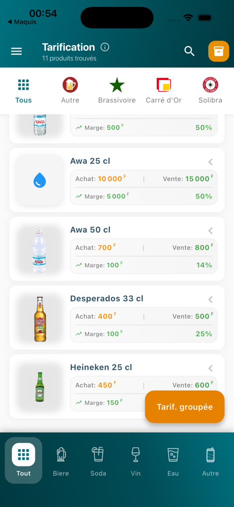Maquis - Maquis app screen displaying a list of beverage products with purchase and sales price details