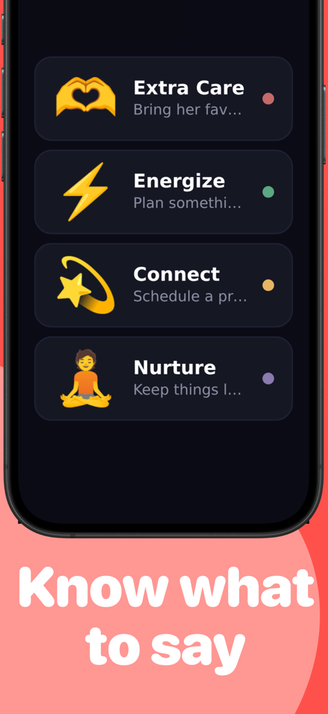 Yuni: AI Partner Cycle Guide - Yuni app interface showing four partner support modes: Extra Care, Energize, Connect, and Nurture.